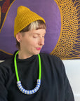 Blue Hatch + Neon Green Rope • Ceramic Necklace