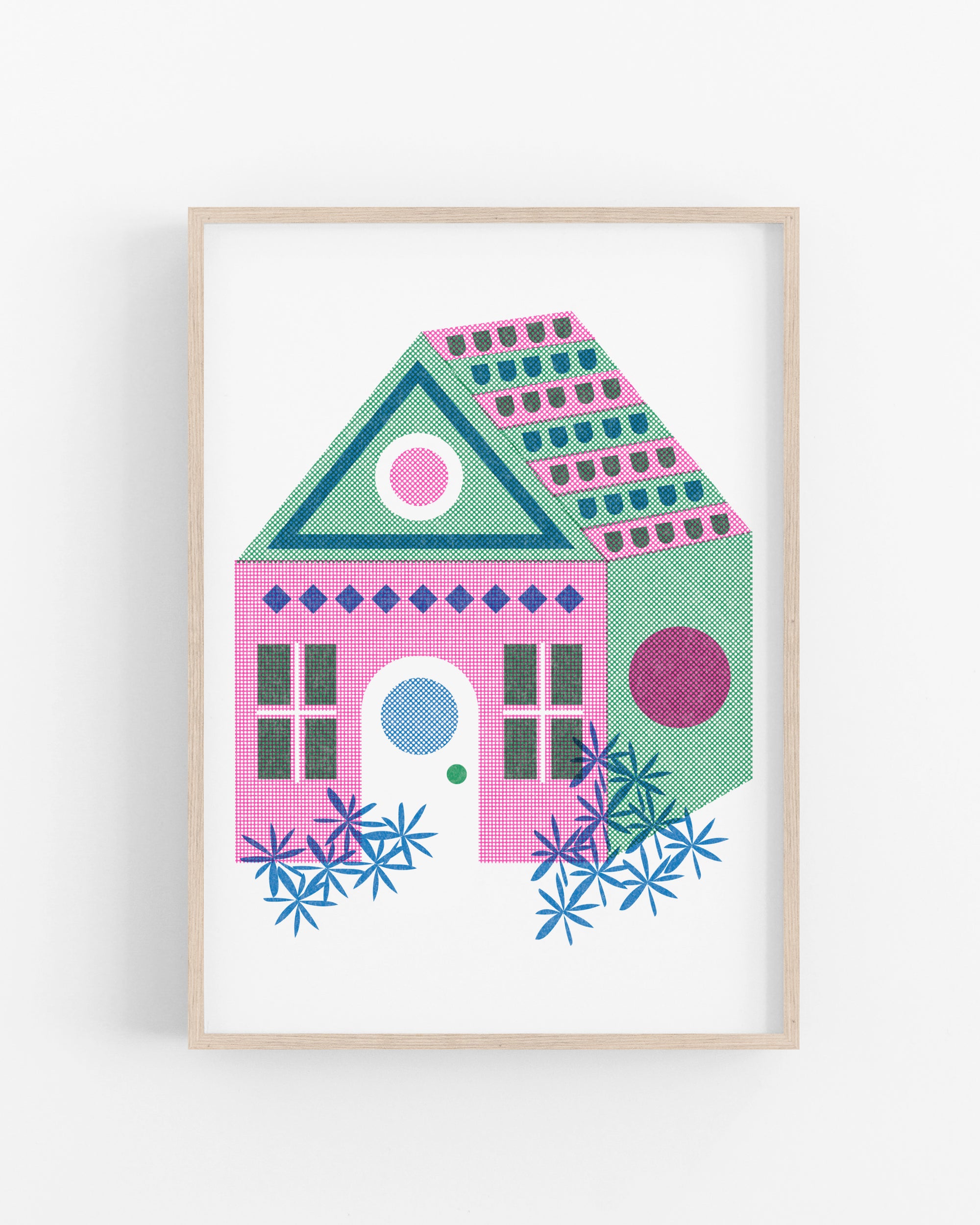 Geometric House • Pink/Green • Modern Risograph Print