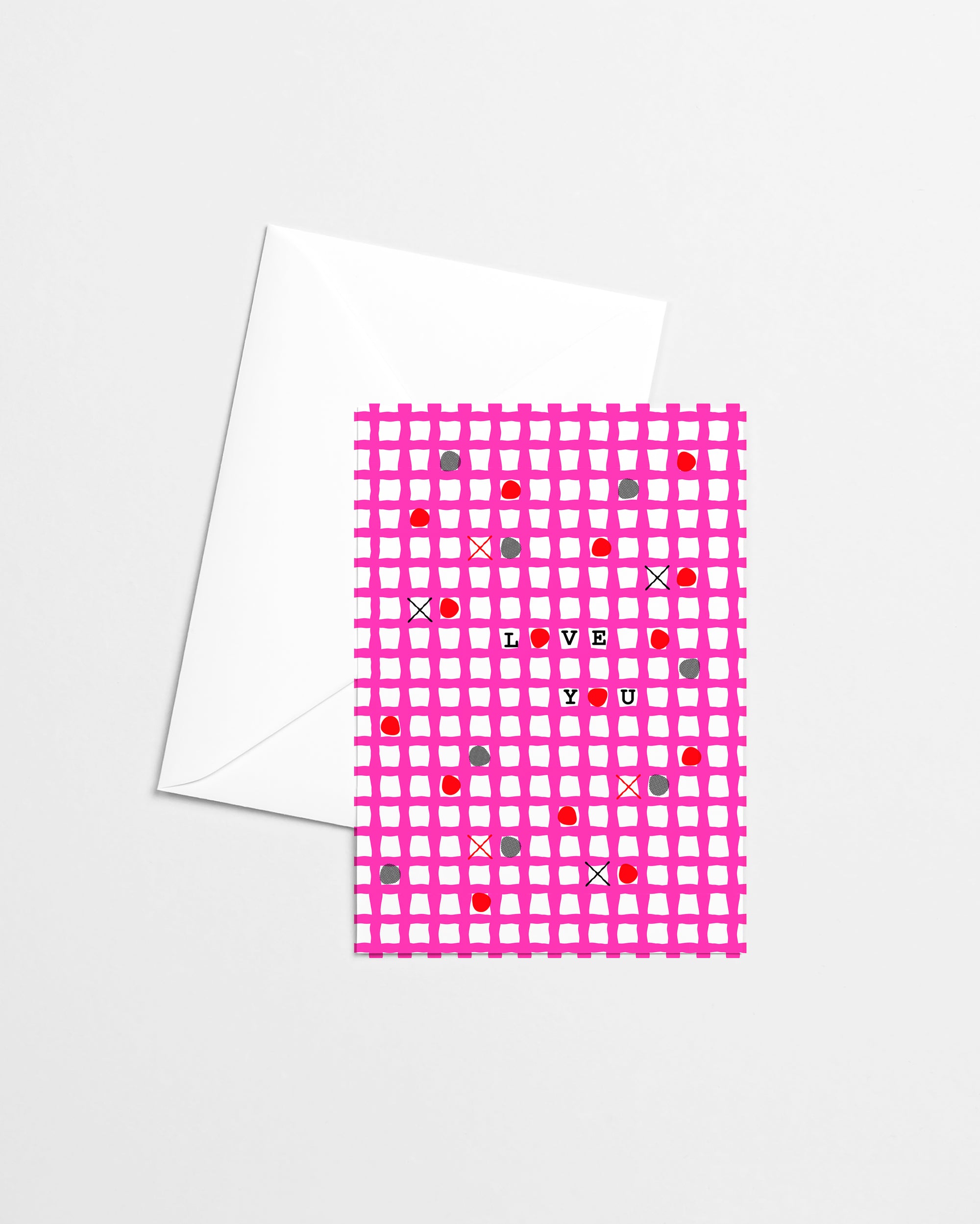 Love You Gingham Valentine Risograph Greeting Card