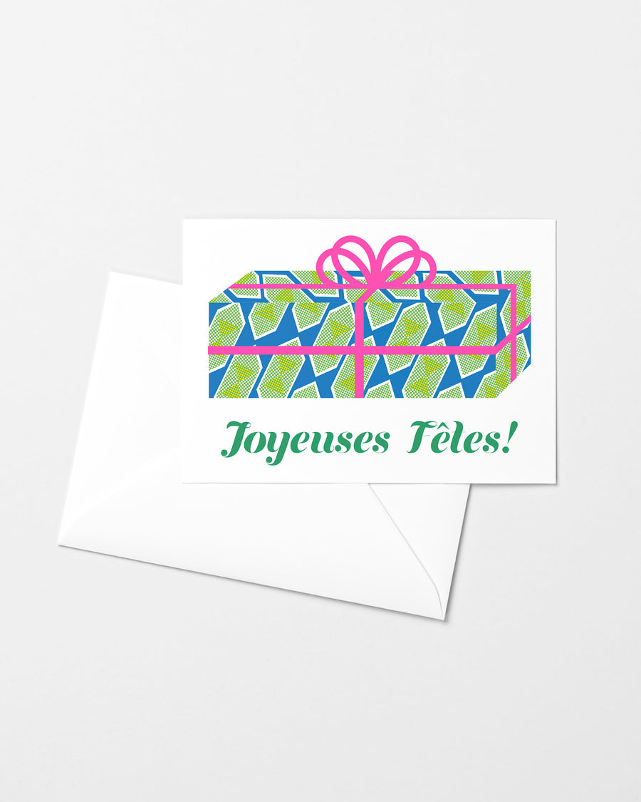 joyeuses fêtes - cadeau zigzag bleu Carte de Souhaits Risograph Greeting Card